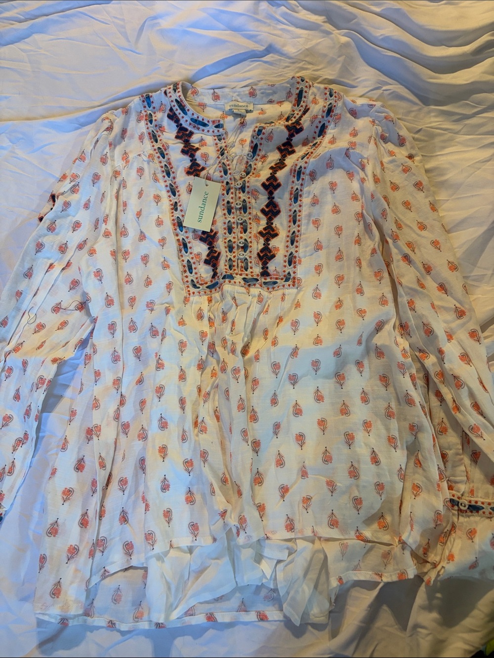Sundance White Tunic with Coral Print and Navy Embroidery
